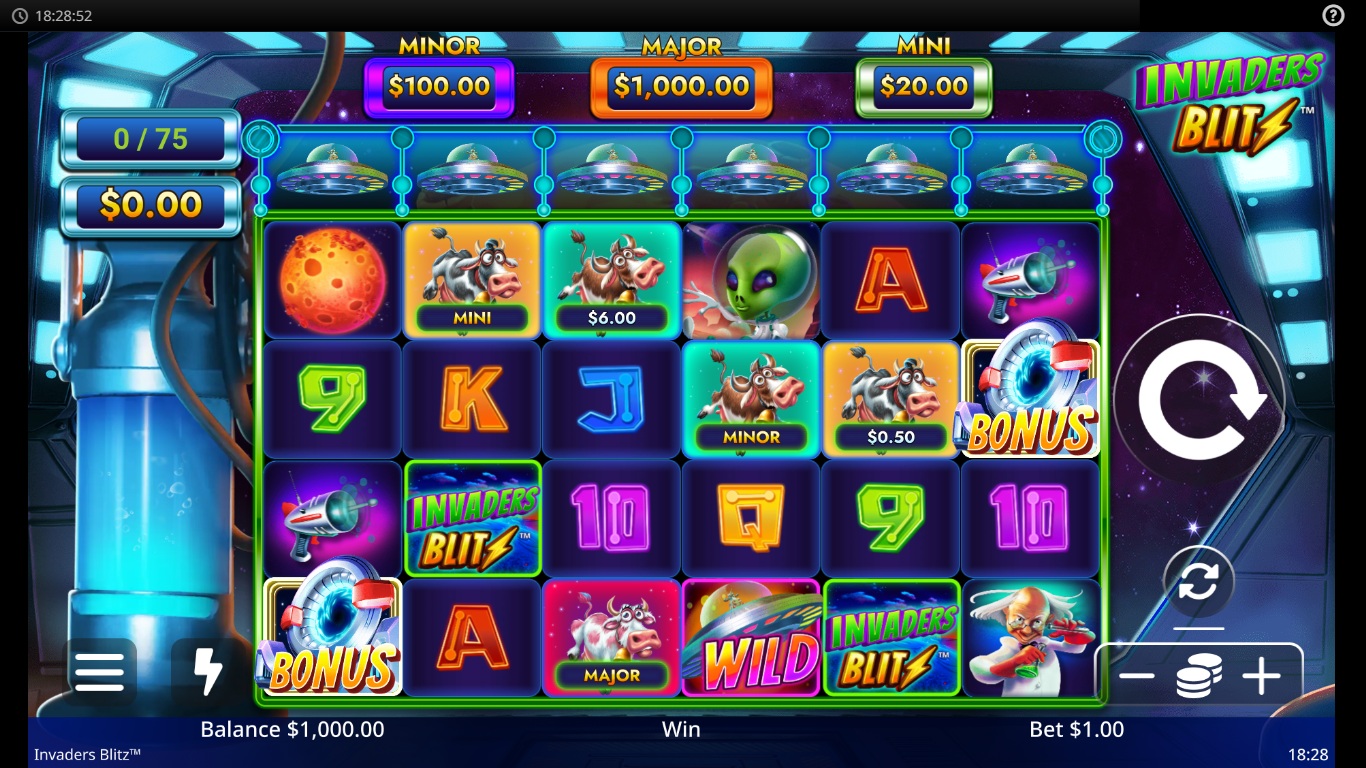 Invaders Blitz slot gameplay showing the active reels and symbols