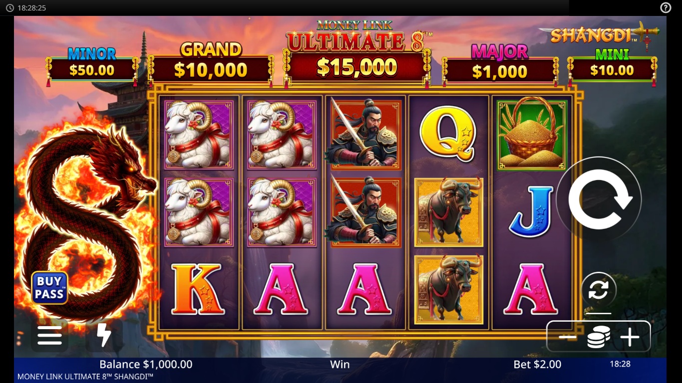 Money Link Ultimate 8 Shangdi slot gameplay showing the active reels and symbols