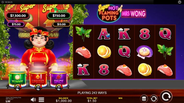 Super Hot Flaming Pots Mrs Wong slot gameplay showing the active reels and symbols