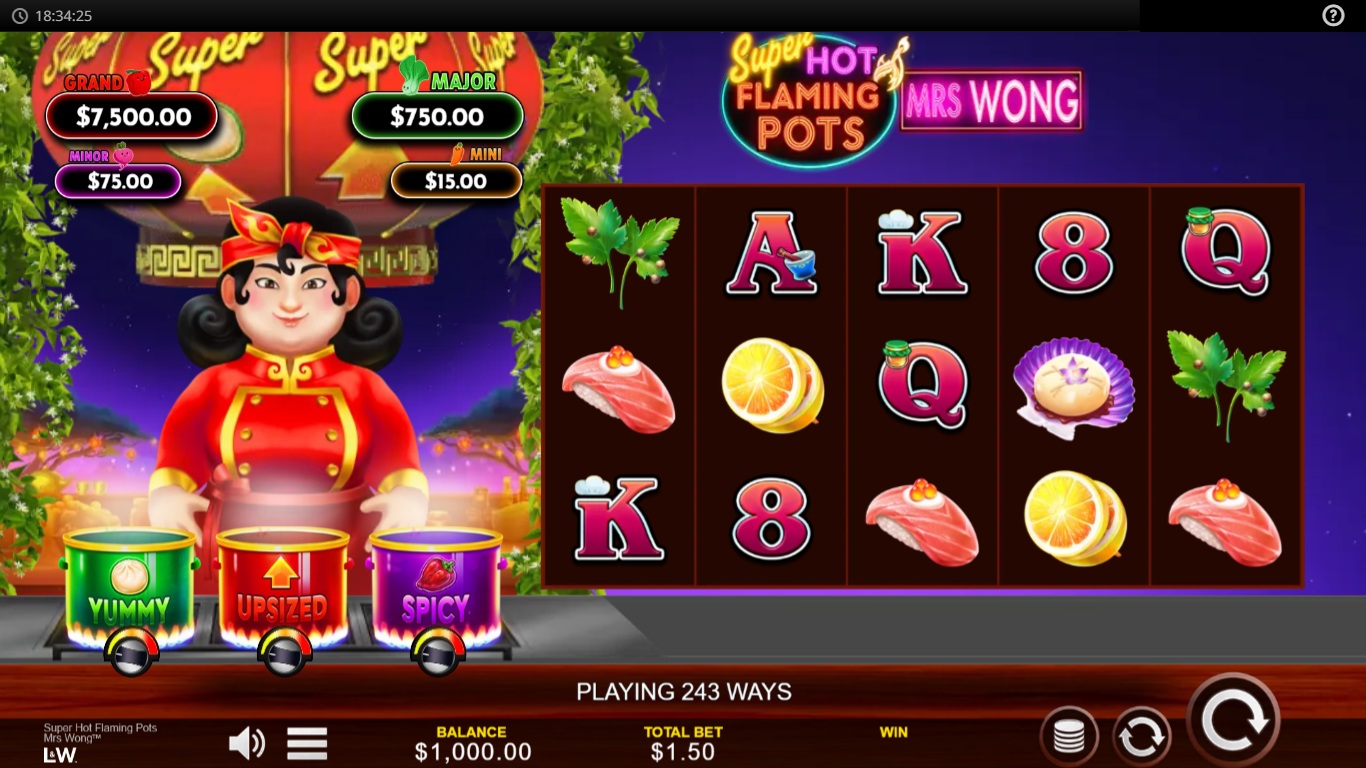 Super Hot Flaming Pots Mrs Wong slot gameplay showing the active reels and symbols