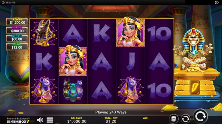 Mummy Madness slot gameplay showing the active reels and symbols