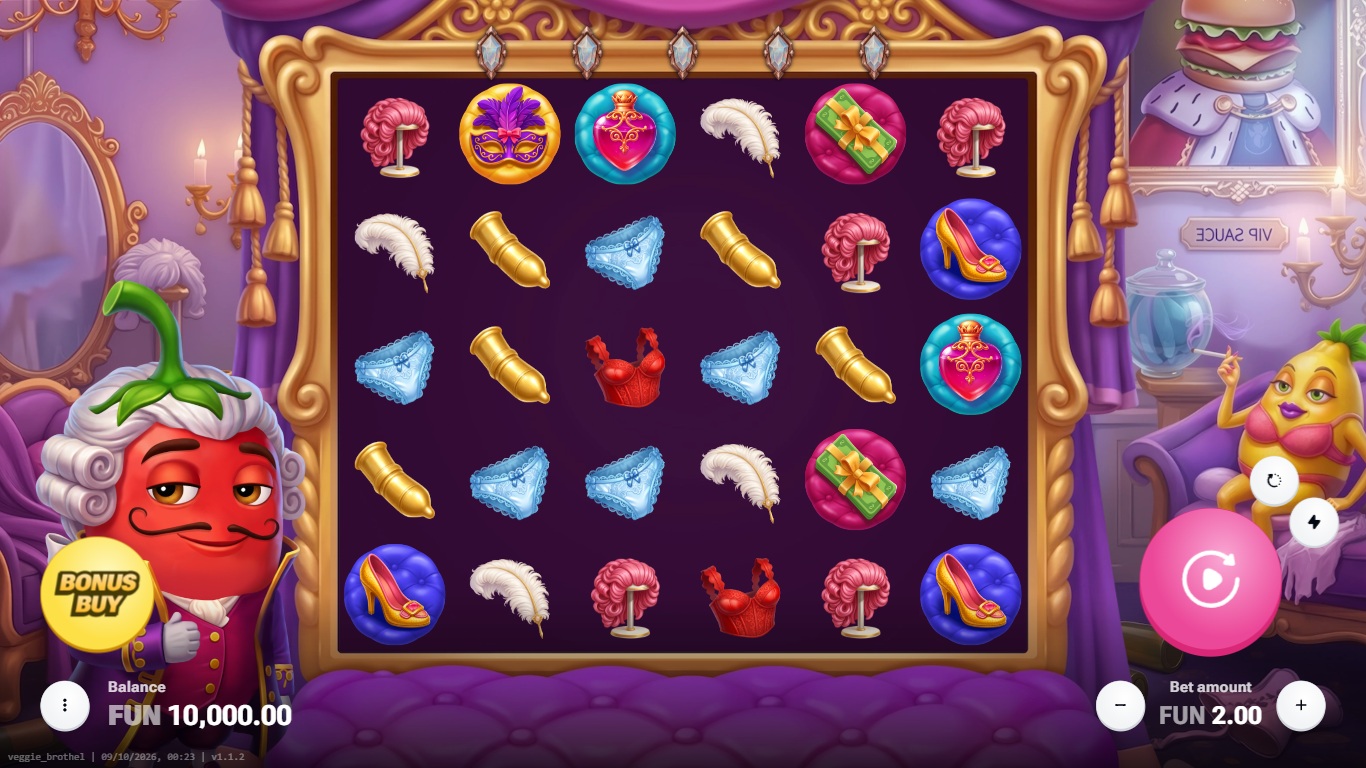 Veggie Brothel slot gameplay showing the active reels and symbols