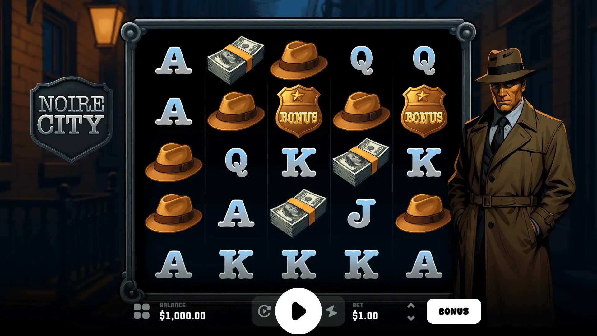 Noire City slot gameplay with symbols on a 5x5 board