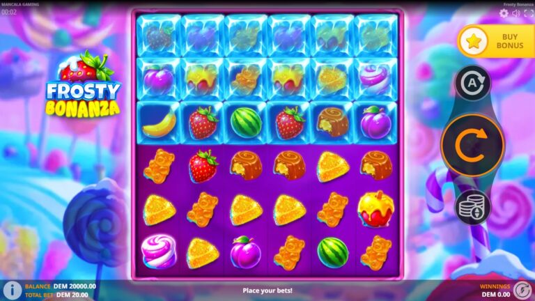Frosty Bonanza slot gameplay with icy fruit symbols and locked upper rows