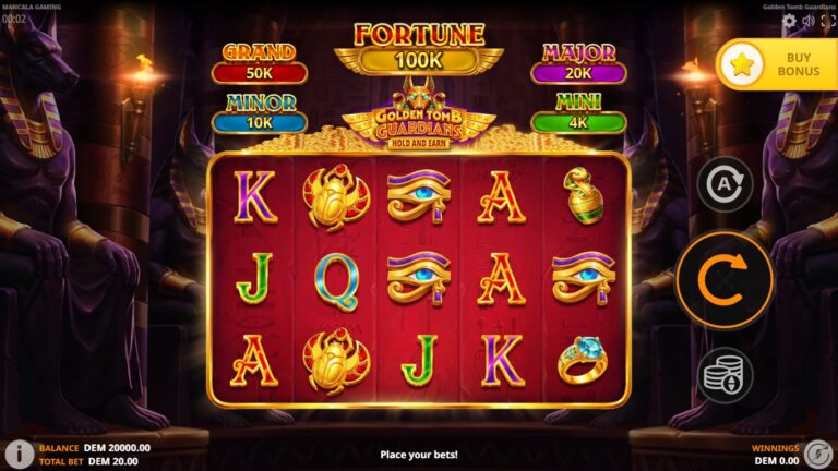 Golden Tomb Guardians slot gameplay with Egyptian symbols on five reels