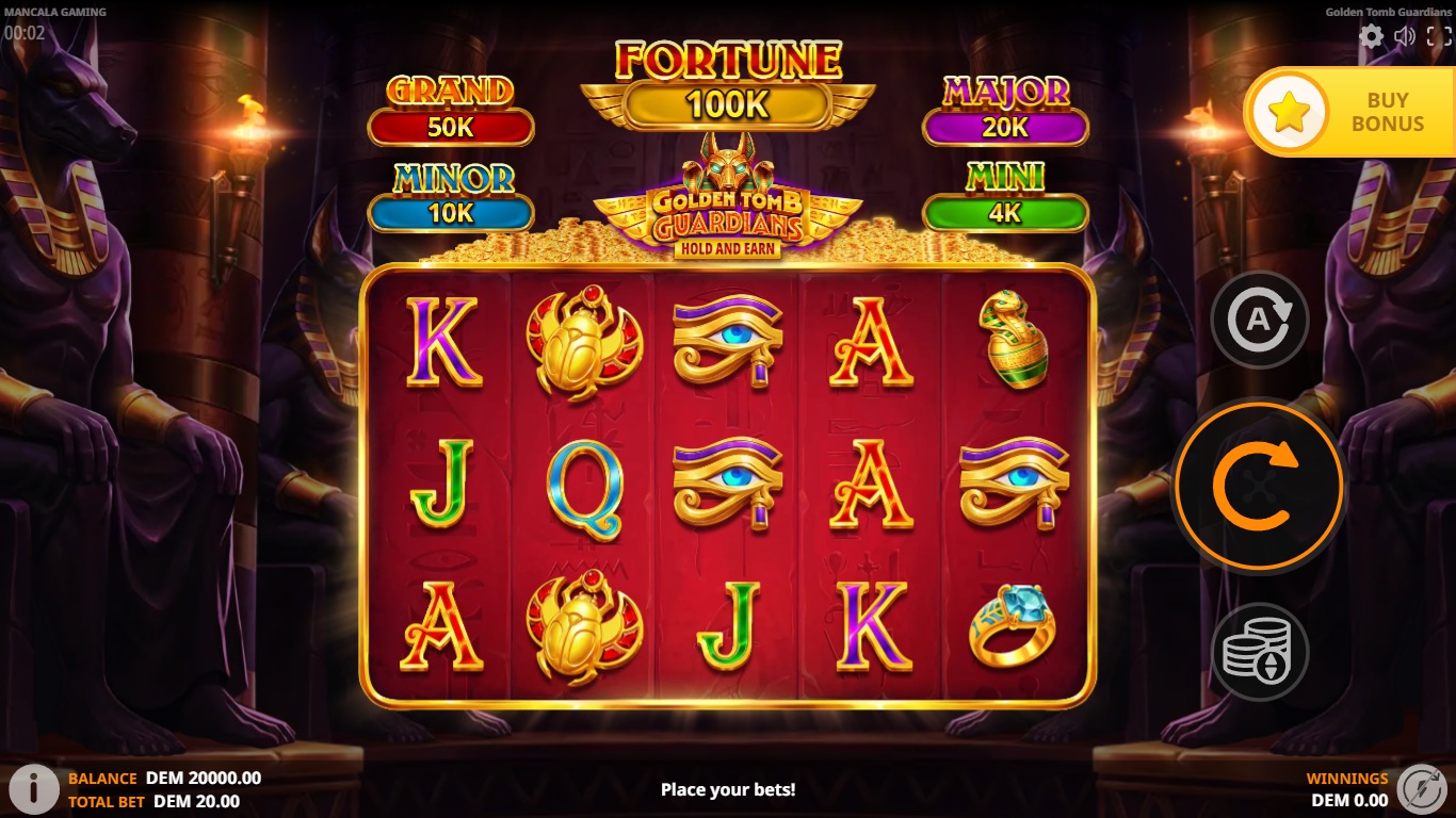 Golden Tomb Guardians slot gameplay with Egyptian symbols on five reels
