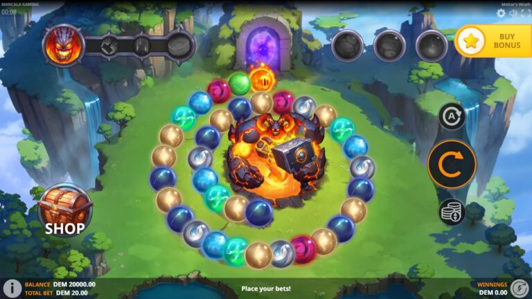 Moltar's Wrath slot gameplay with symbols following a winding spiral around a golem