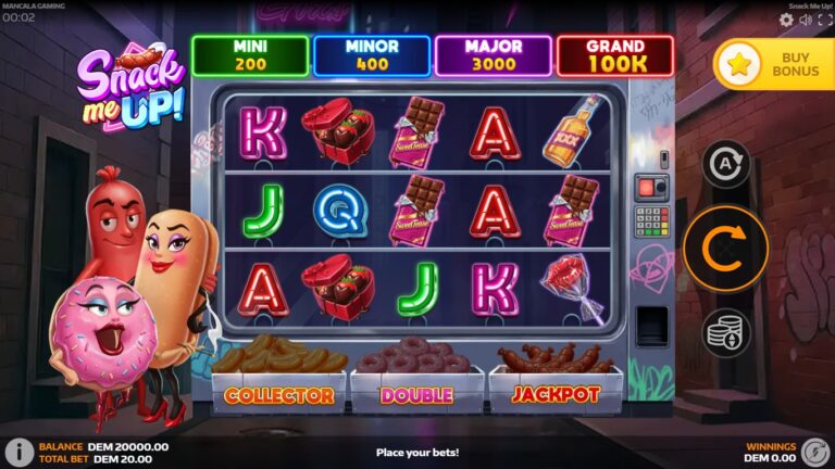 Snack me Up slot gameplay showing cartoon food symbols and bonus prizes