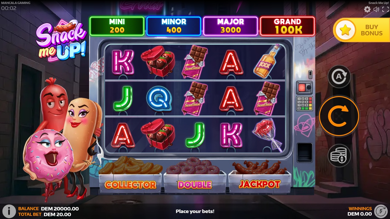 Snack me Up slot gameplay showing cartoon food symbols and bonus prizes