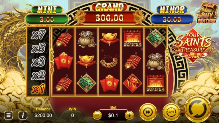 Four Saints Treasure slot gameplay with five reels of Chinese treasure symbols