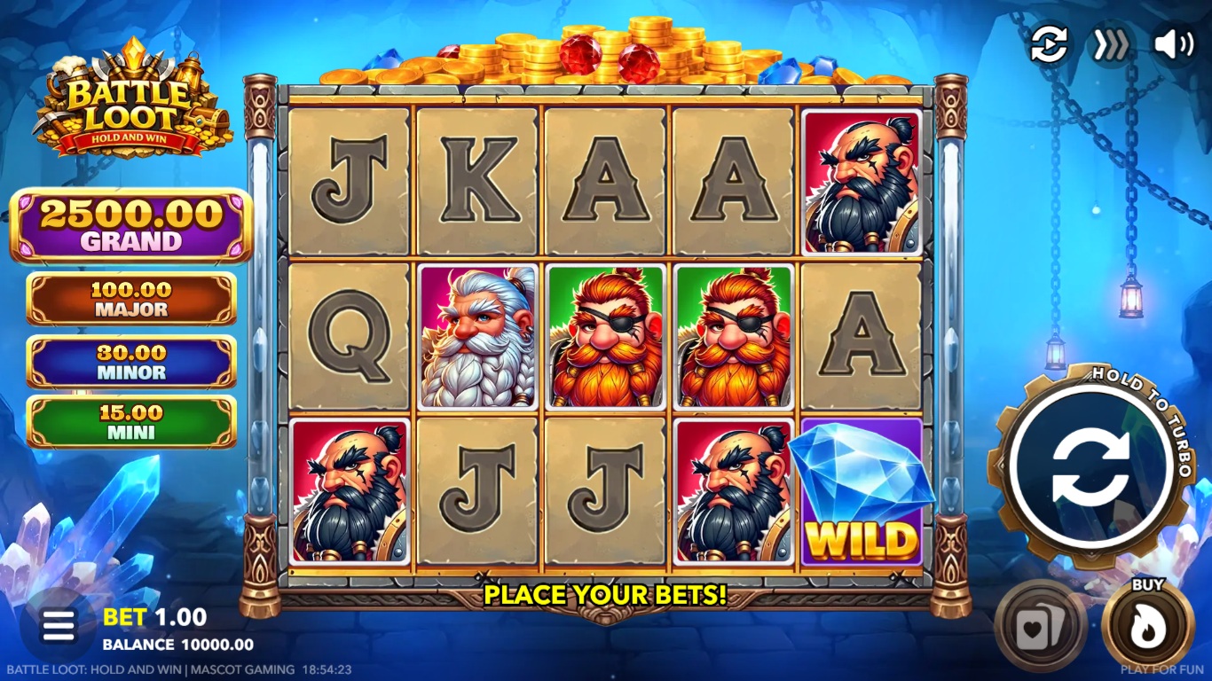 Battle Loot slot gameplay showing fantasy loot symbols and jackpot tiers