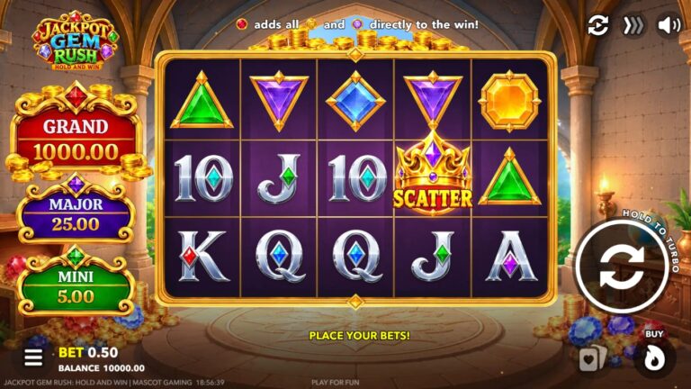 Jackpot Gem Rush slot gameplay with jewel symbols and fixed jackpot tiers