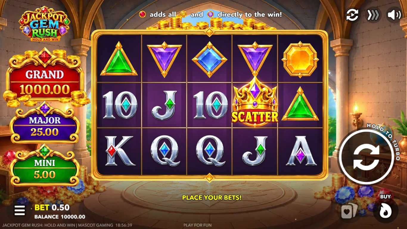 Jackpot Gem Rush slot gameplay with jewel symbols and fixed jackpot tiers