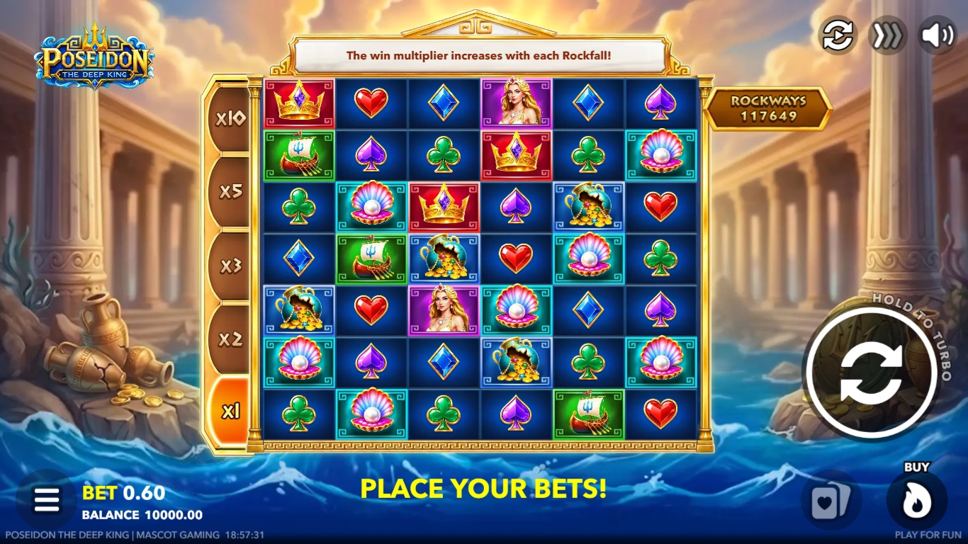 Poseidon The Deep King slot gameplay with changing-height sea-themed reels