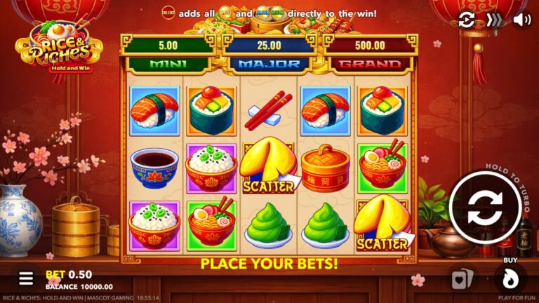 Rice & Riches slot gameplay with food symbols on a red-and-gold reel cabinet