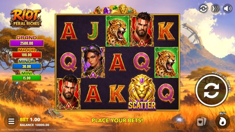 Riot Feral Riches slot gameplay with wasteland animal symbols and bonus coins