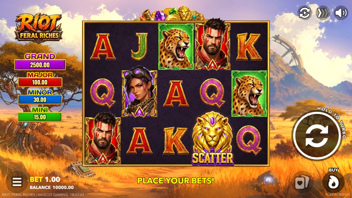 Riot Feral Riches slot gameplay with wasteland animal symbols and bonus coins