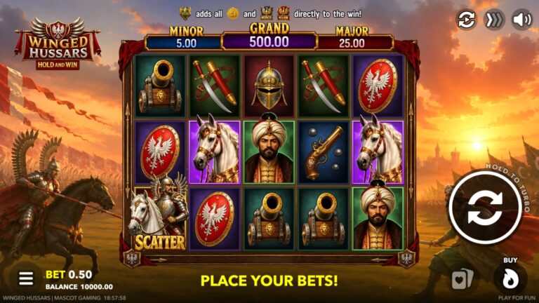 Winged Hussars slot gameplay with cavalry symbols and jackpot tiers