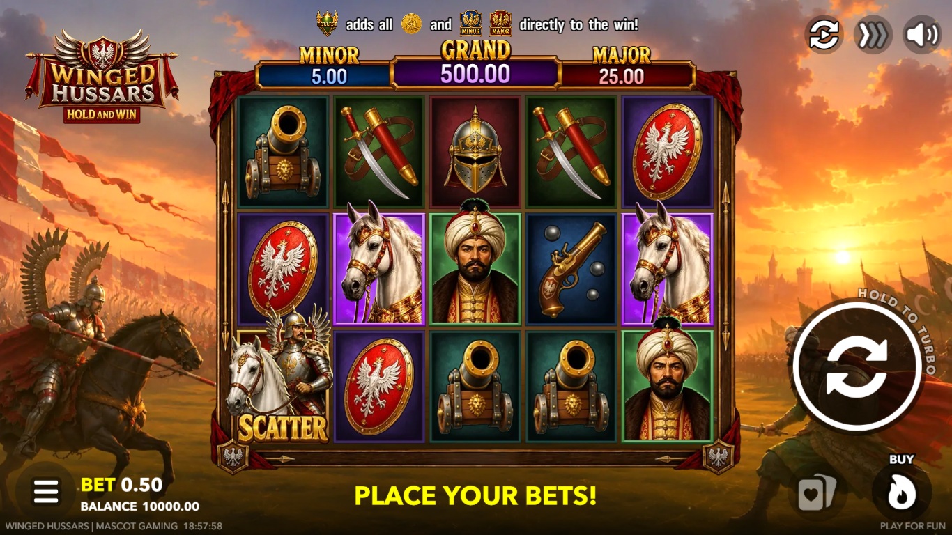 Winged Hussars slot gameplay with cavalry symbols and jackpot tiers