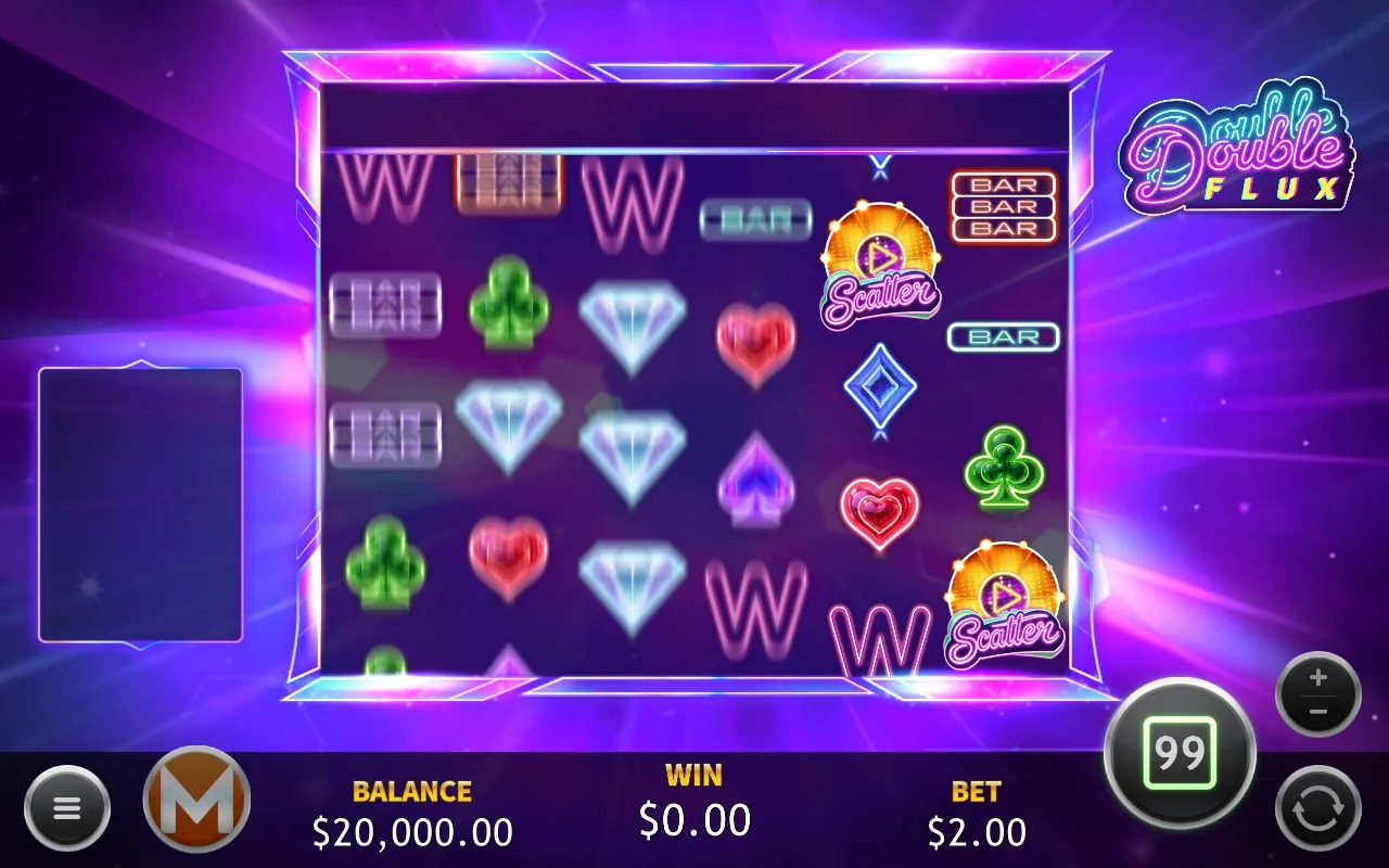 Double Flux slot gameplay with neon fruit symbols and multiplier positions