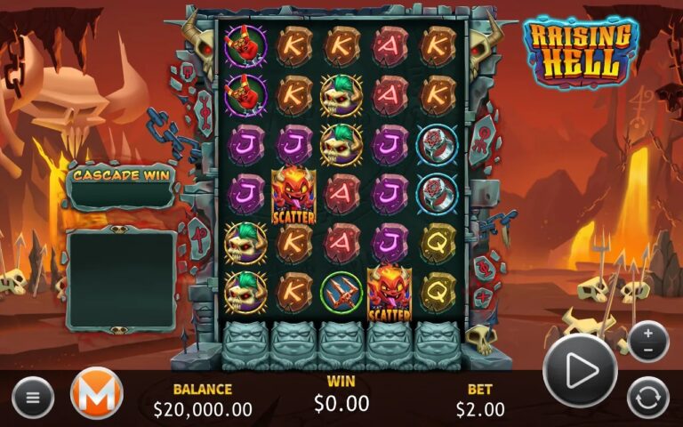 Raising Hell slot gameplay with fiery symbols on a cascading grid