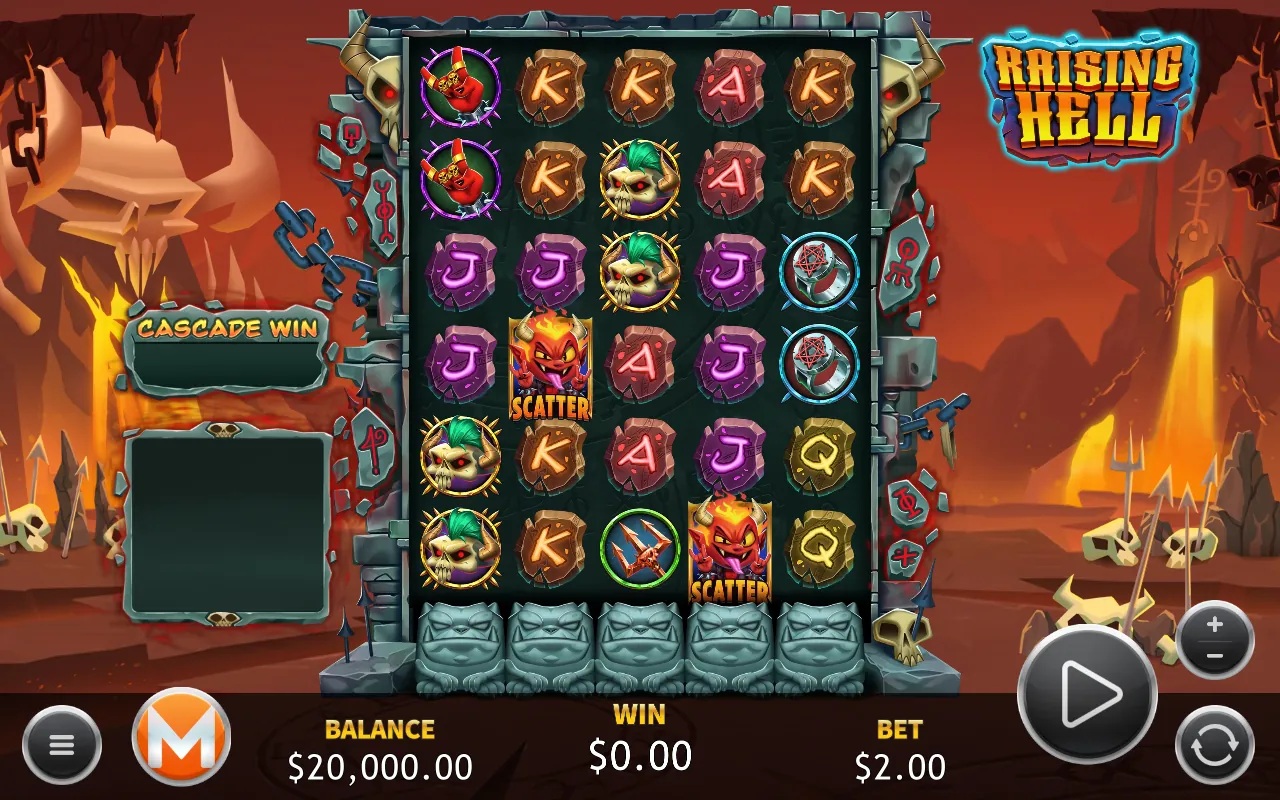 Raising Hell slot gameplay with fiery symbols on a cascading grid