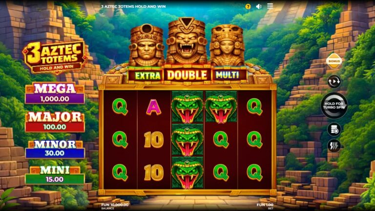 3 Aztec Totems slot gameplay showing temple reels and three Totem Scatters