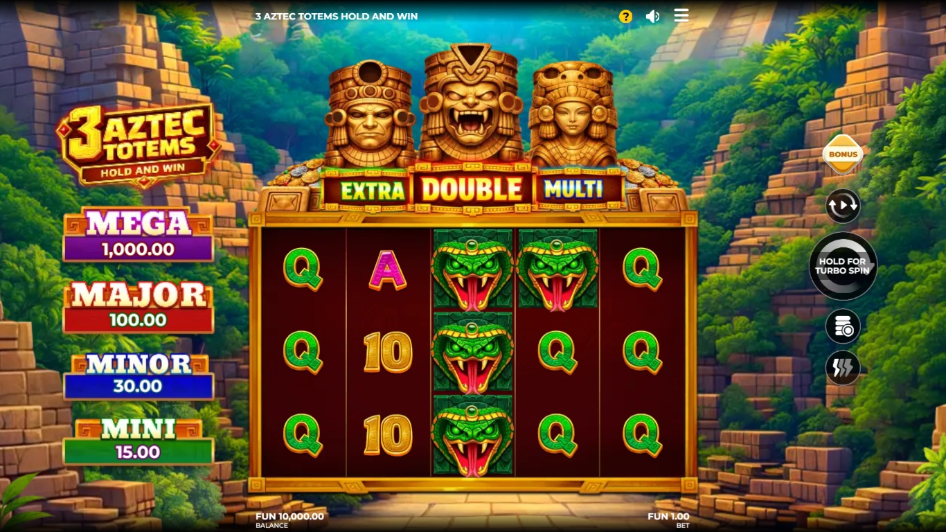 3 Aztec Totems slot gameplay showing temple reels and three Totem Scatters