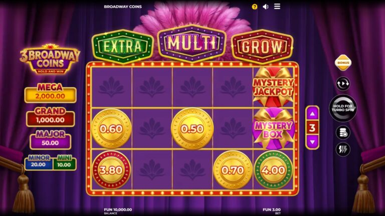 3 Broadway Coins slot gameplay with coin prizes on a theatre-stage bonus board