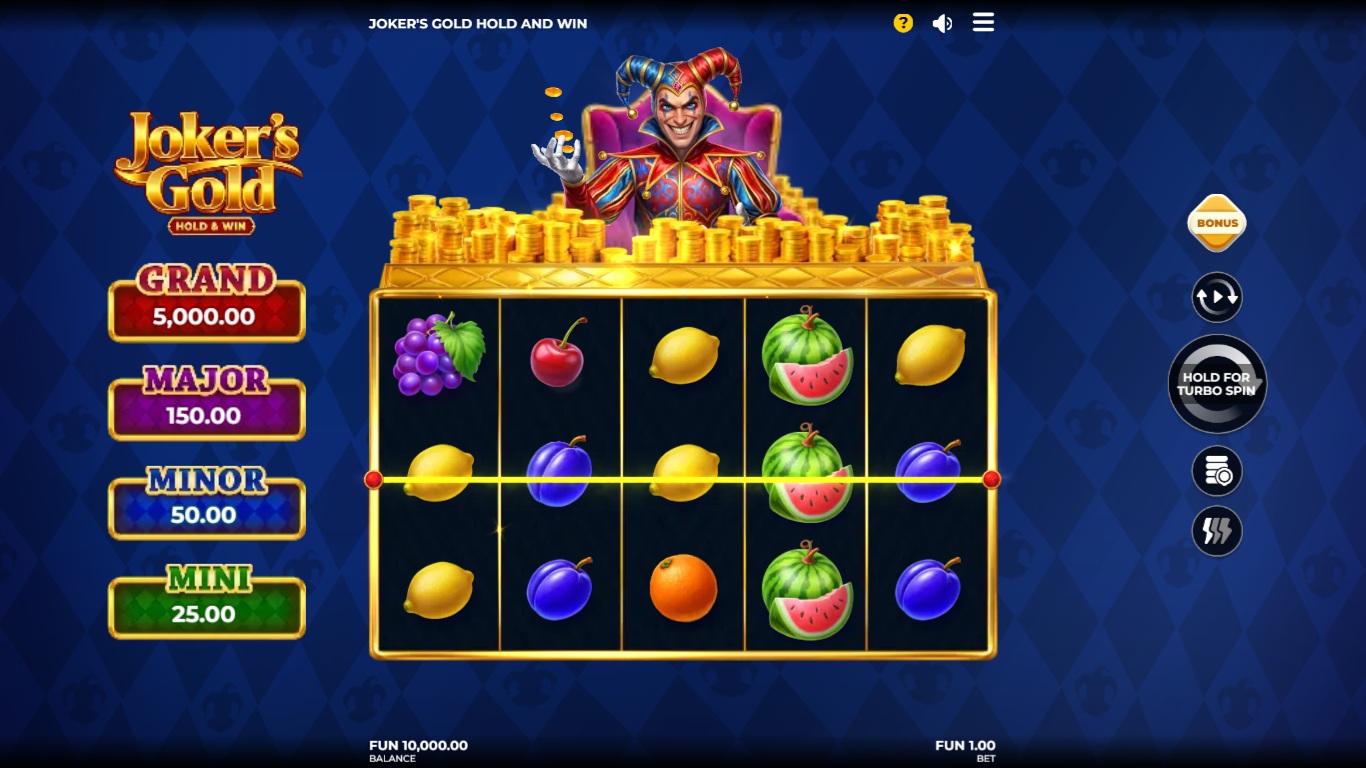 Joker's Gold slot gameplay with fruit symbols, gold coins and Hold and Win prizes