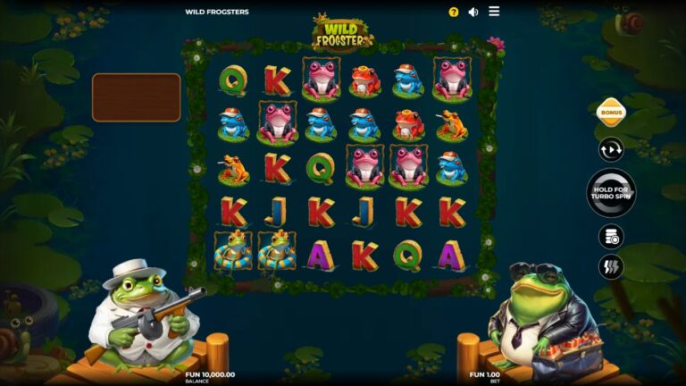 Wild Frogsters slot gameplay with cartoon frog symbols on a tumbling grid