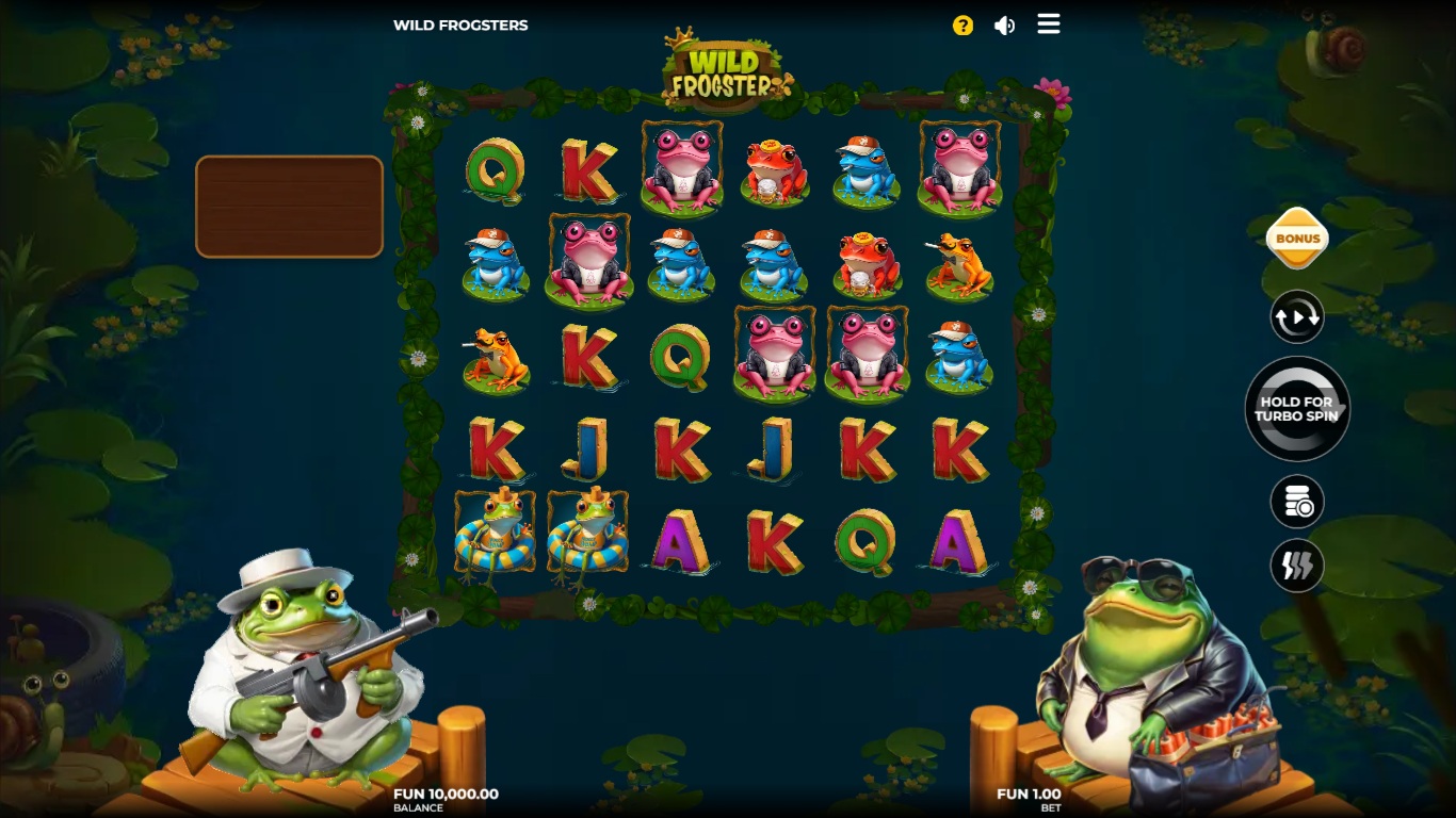 Wild Frogsters slot gameplay with cartoon frog symbols on a tumbling grid