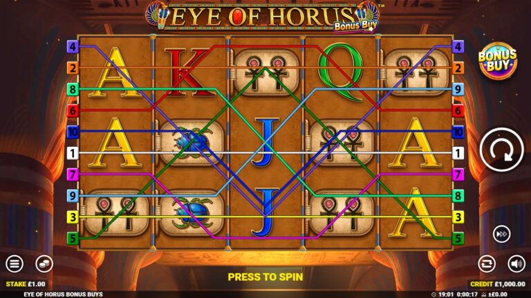 Eye of Horus Bonus Buy slot gameplay with Egyptian symbols and payline overlays