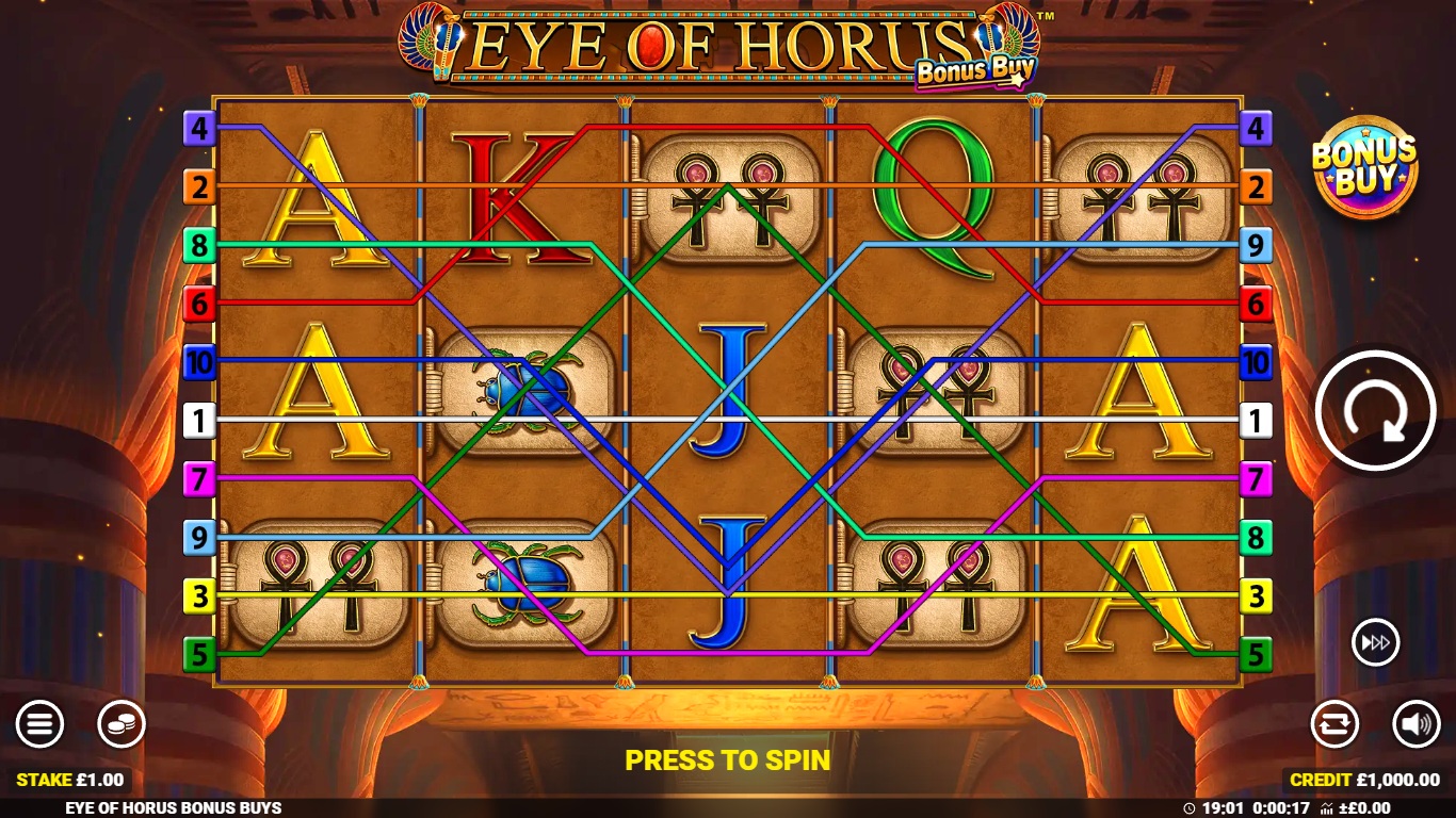 Eye of Horus Bonus Buy slot gameplay with Egyptian symbols and payline overlays