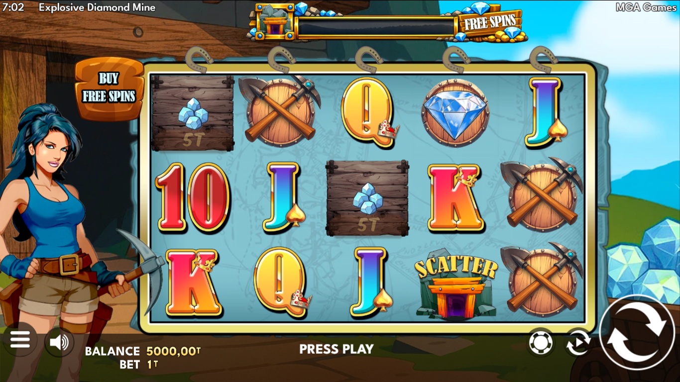 Explosive Diamond Mine slot gameplay with diamond and TNT symbols on five reels
