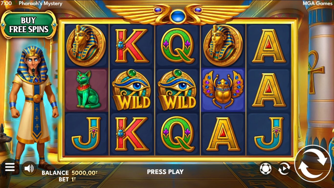 Pharaohs Mystery slot gameplay with Egyptian symbols on five reels