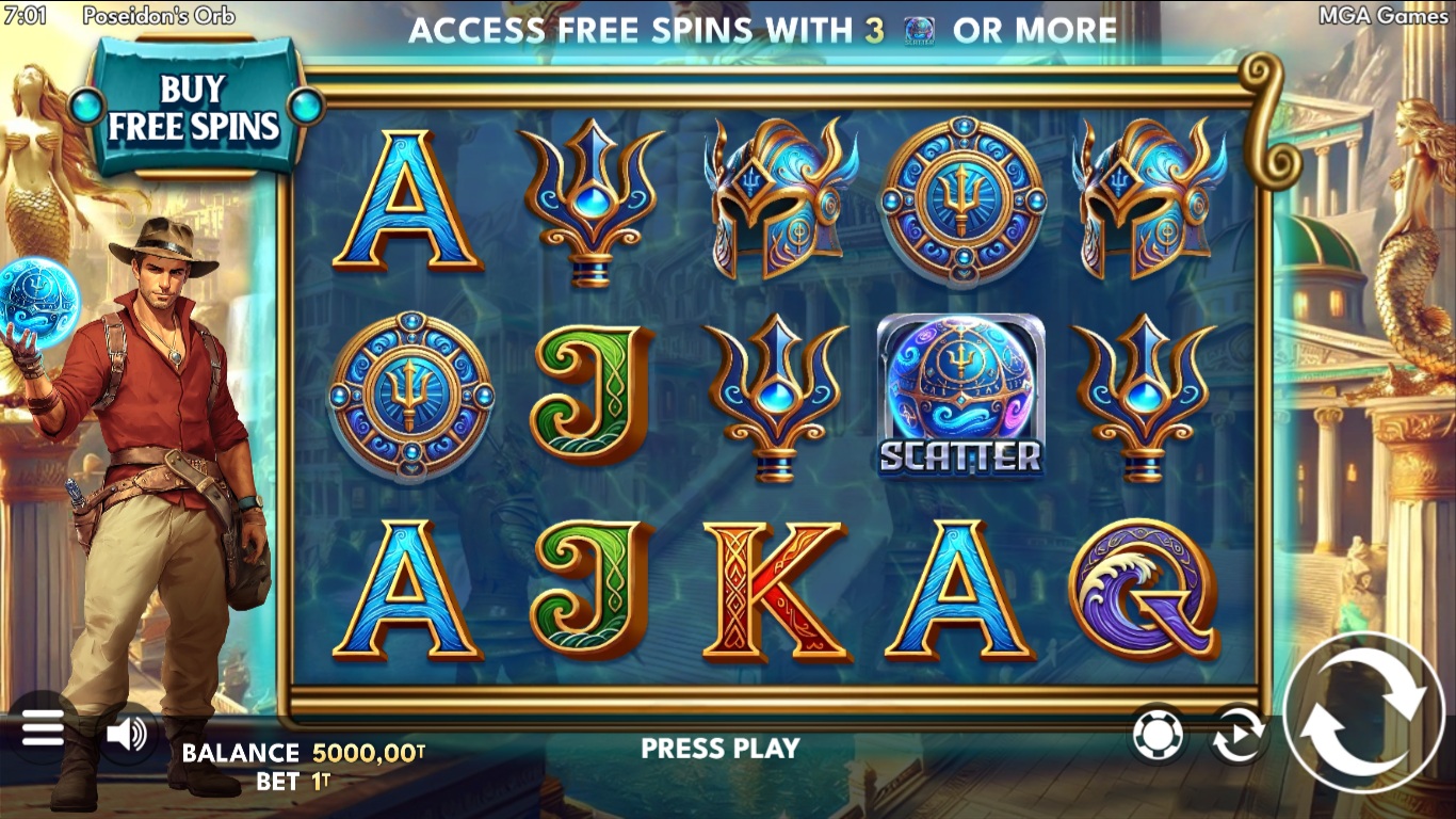 Poseidons Orb slot gameplay with underwater symbols and blue orbs