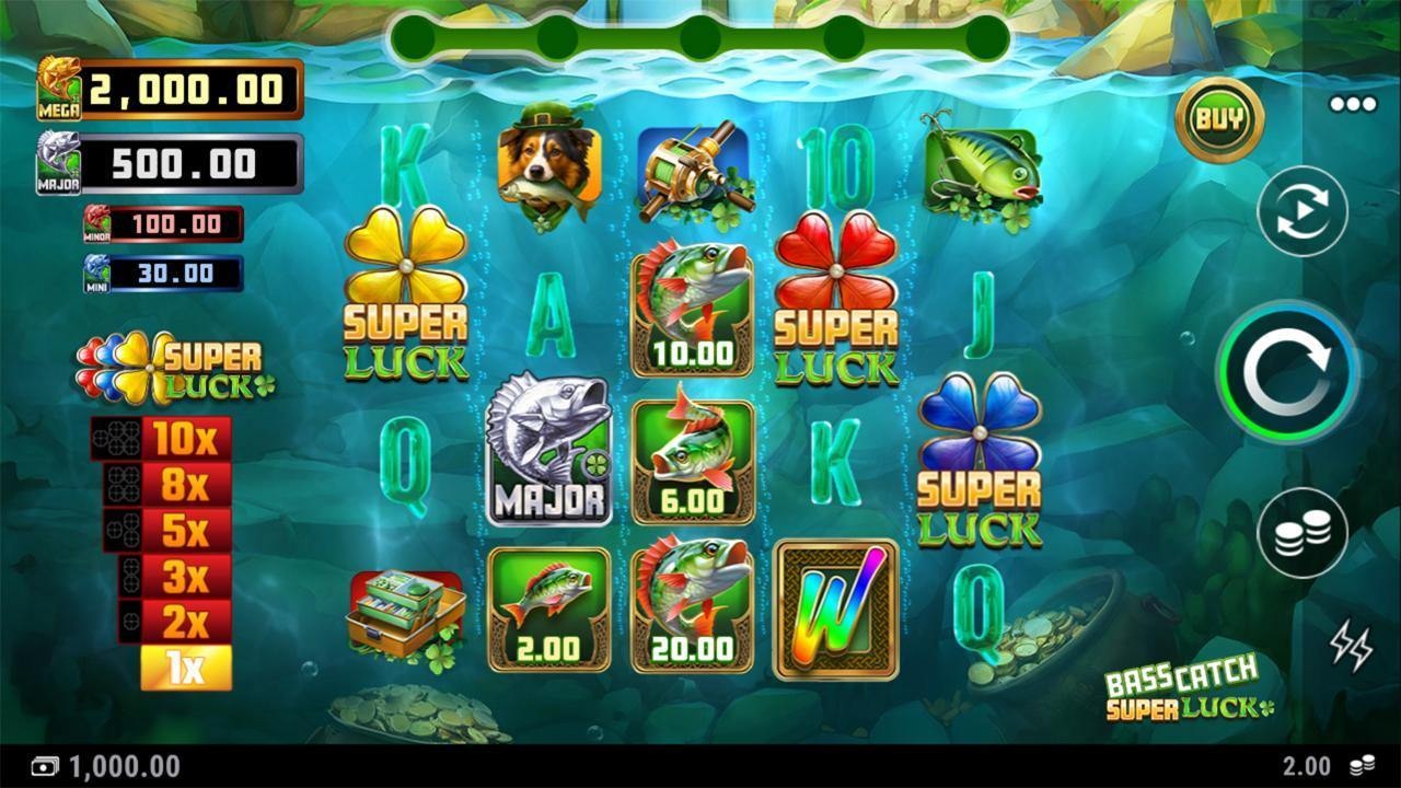 Bass Catch Super Luck slot gameplay with fishing symbols and cash fish on five reels