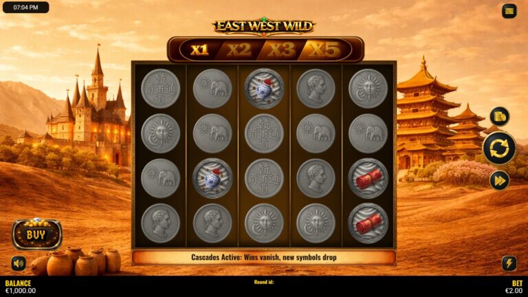 East West Wild slot gameplay with trade symbols and Wilds on five reels