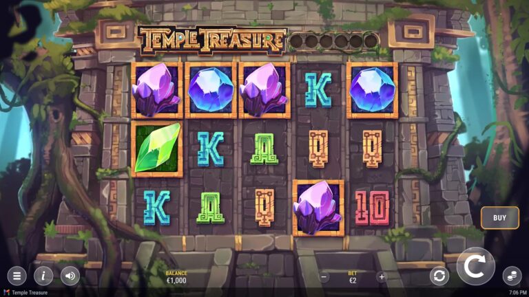 Temple Treasure slot gameplay with ancient symbols and five reels