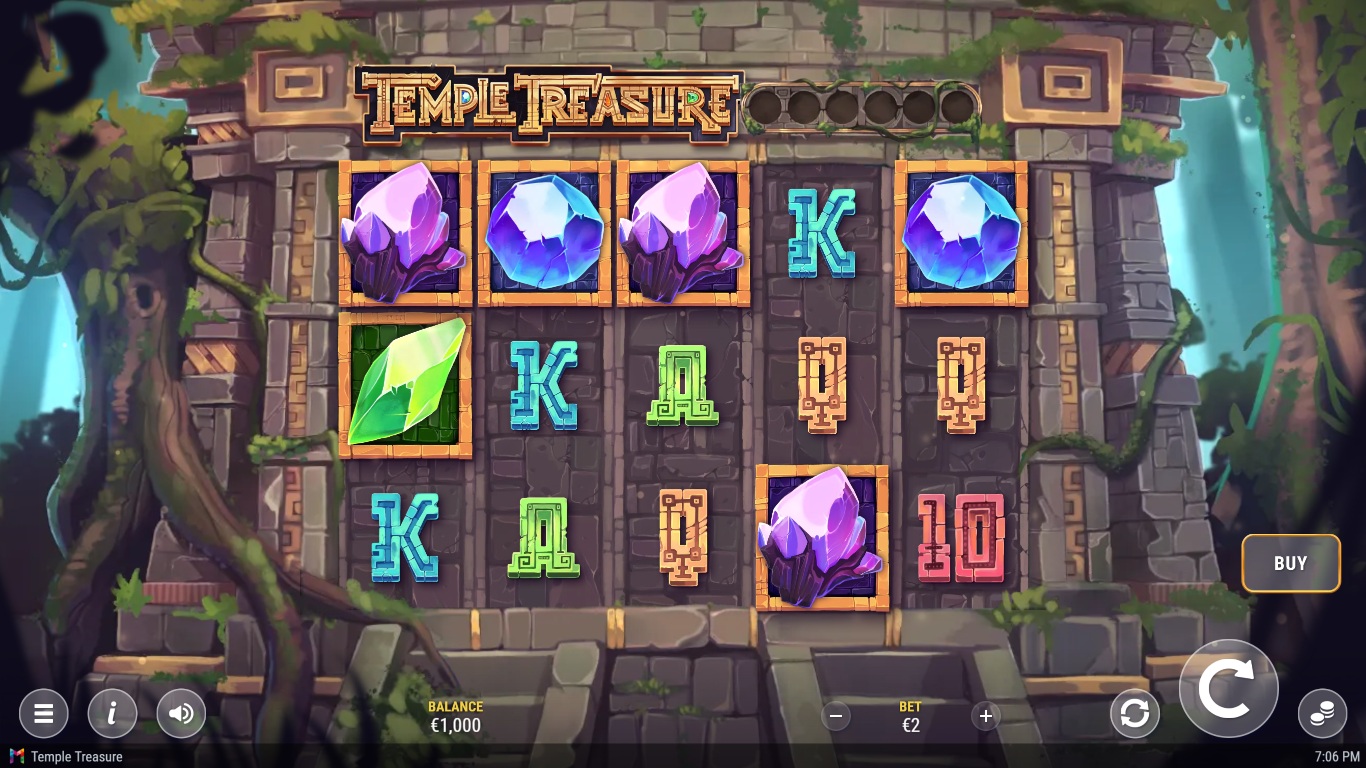 Temple Treasure slot gameplay with ancient symbols and five reels