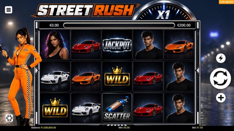 Street Rush slot gameplay with neon symbols and a city backdrop