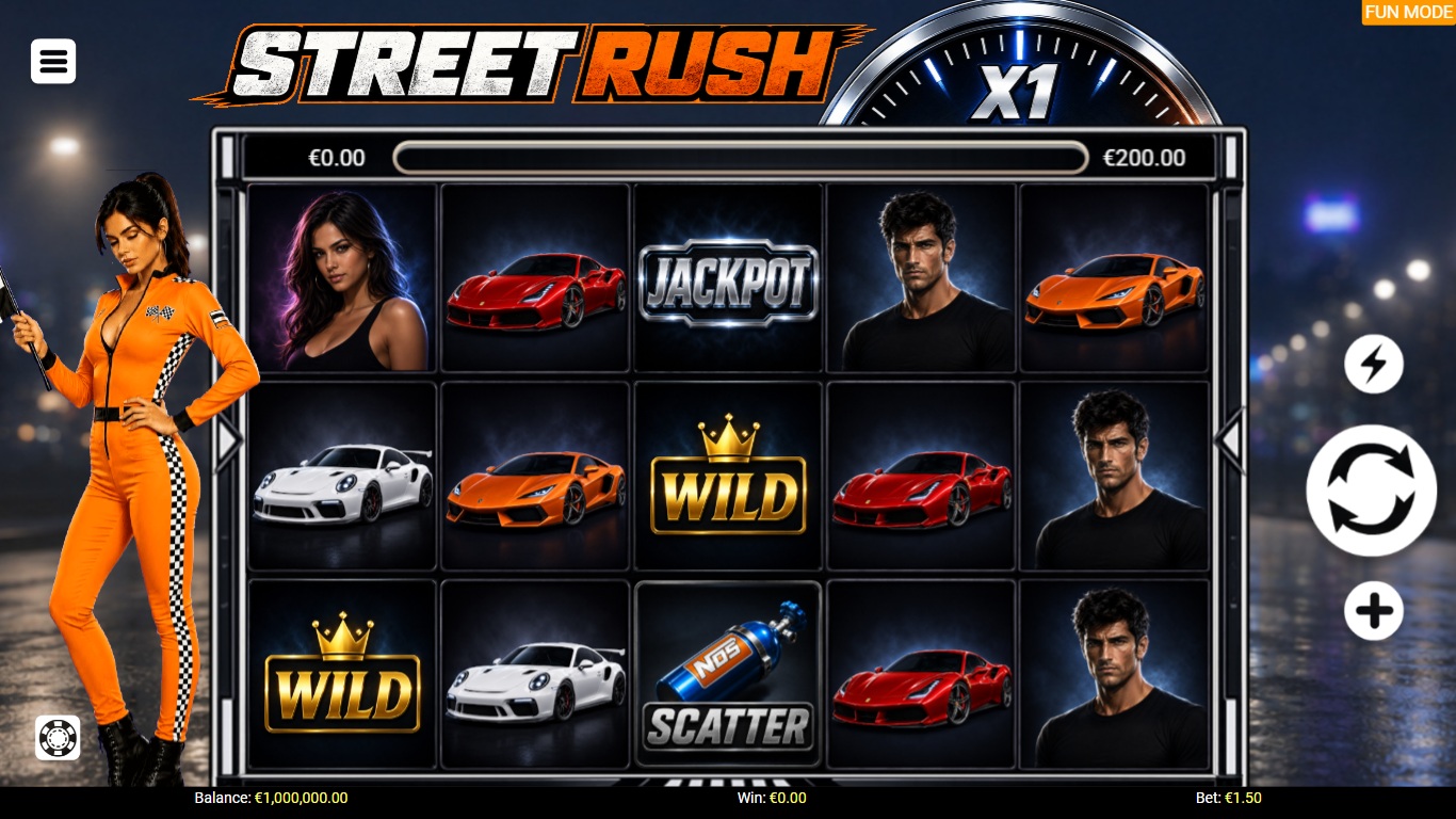 Street Rush slot gameplay with neon symbols and a city backdrop