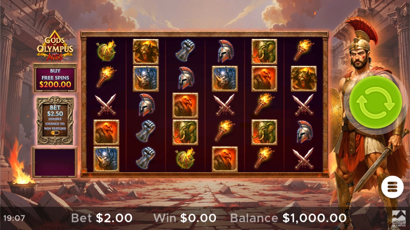 Ares slot gameplay with battle symbols and cascading wins