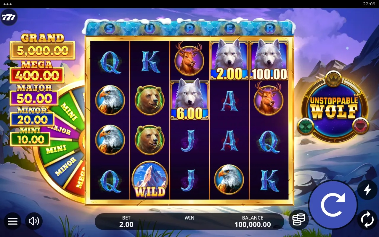 Unstoppable Wolf slot gameplay with wolf symbols on five reels