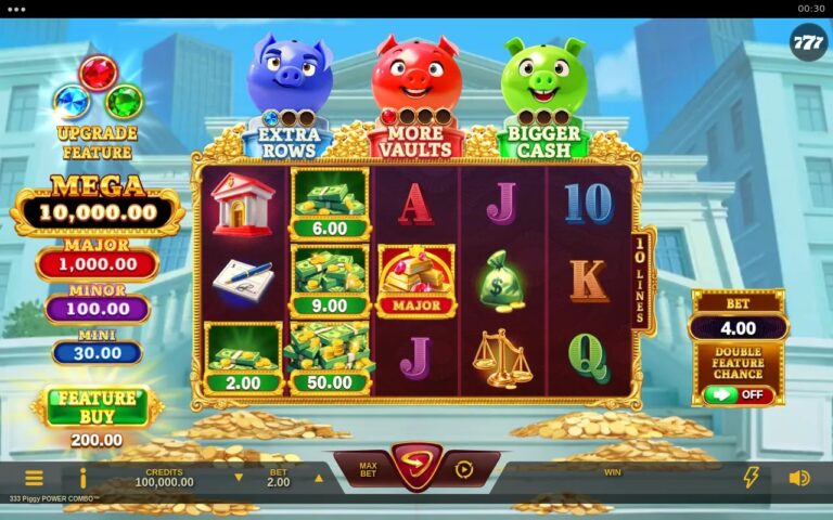 Three Pigs of Riches slot gameplay with three pig vaults above reels