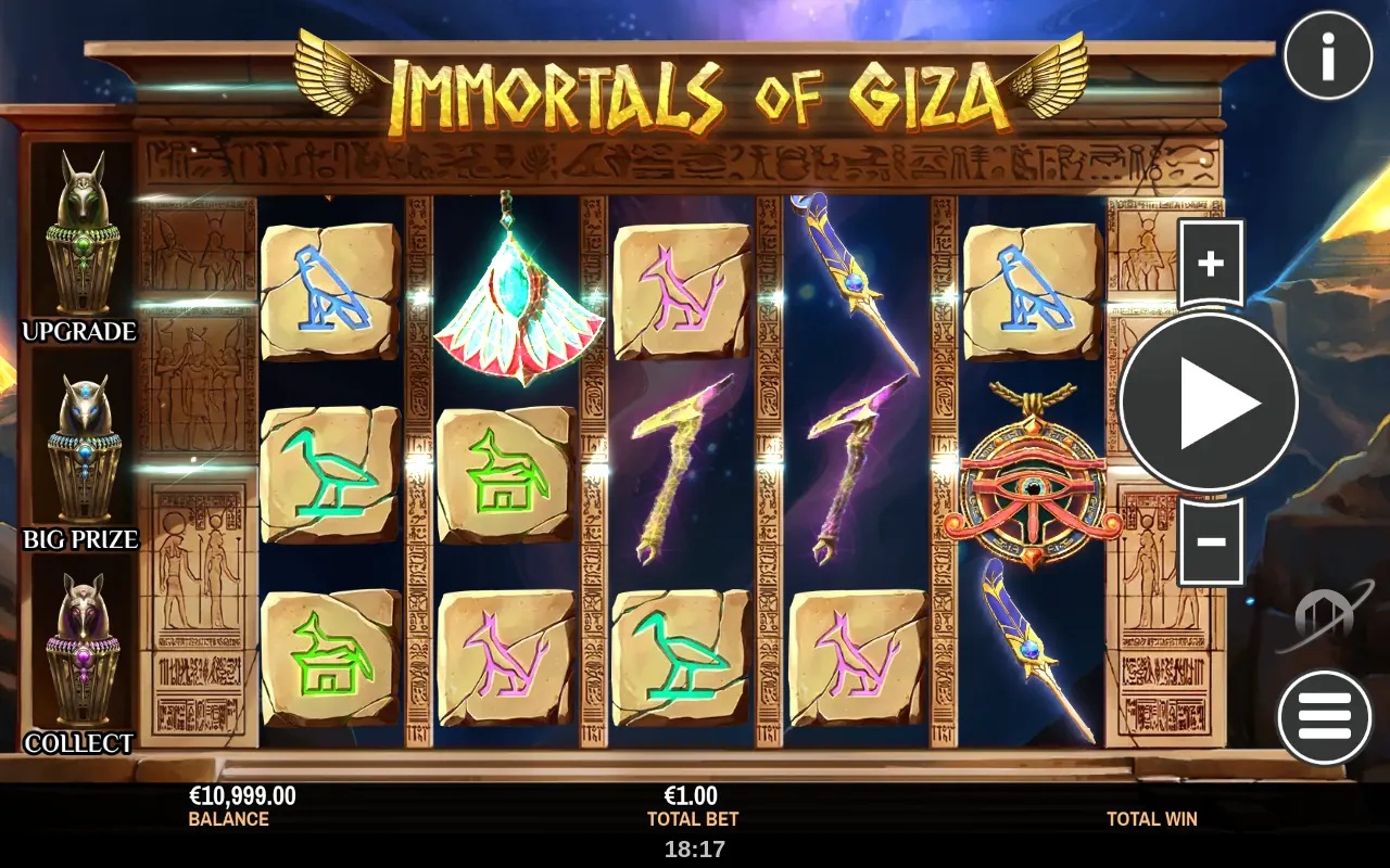 Immortals of Giza slot gameplay with Egyptian symbols on five reels