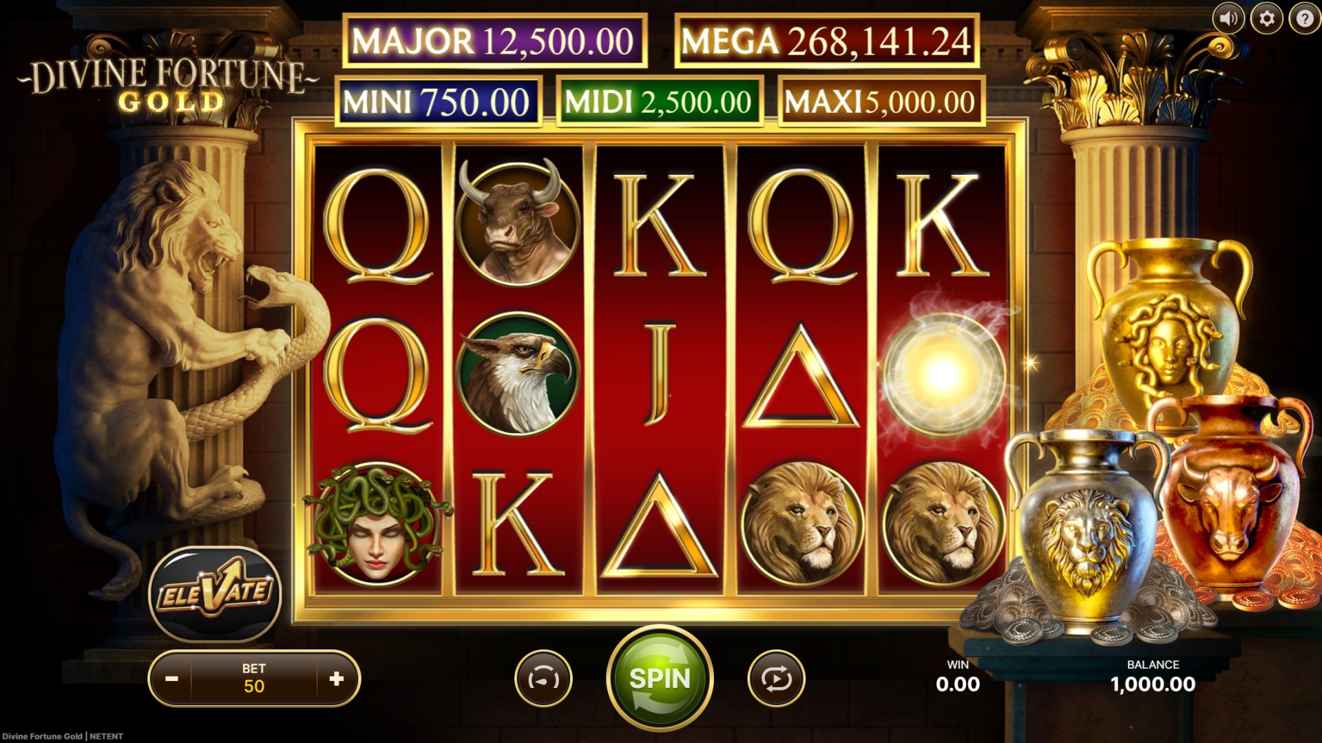 Divine Fortune Gold slot gameplay with golden symbols and five reels