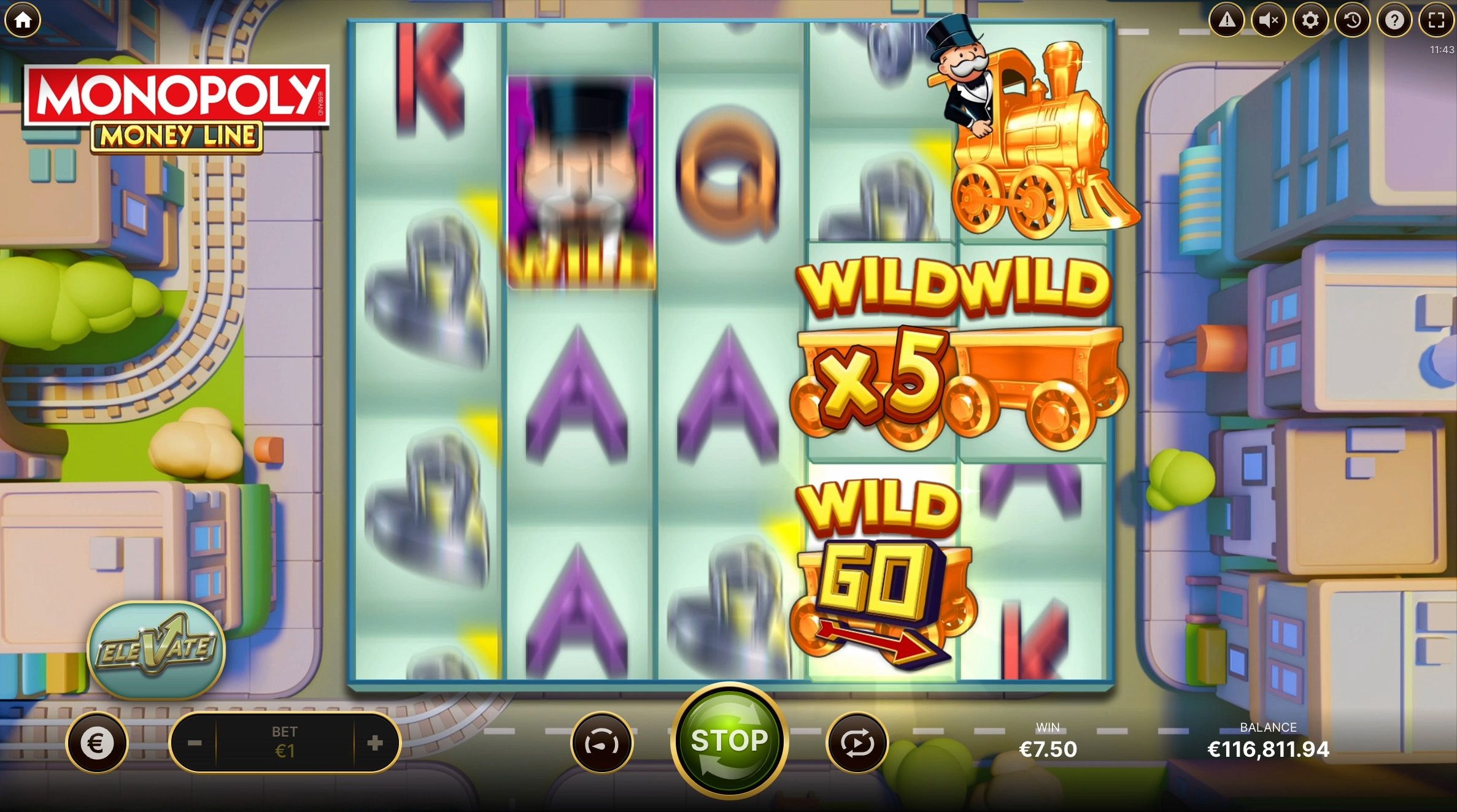 Monopoly Money Line slot gameplay showing symbols on a 5x3 board