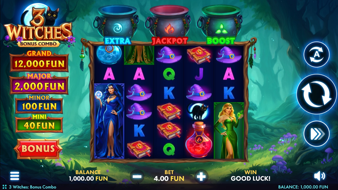 3 Witches Bonus Combo slot gameplay with witches and colored cauldrons